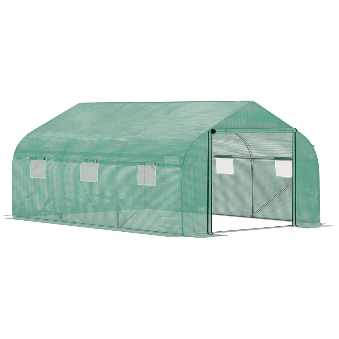 MCL Walk-in Polytunnel Garden Greenhouse, Outdoor Mesh Door Greenhouse with PE Cover and 6 Windows, 4.5 x 3 x 2m, Green
