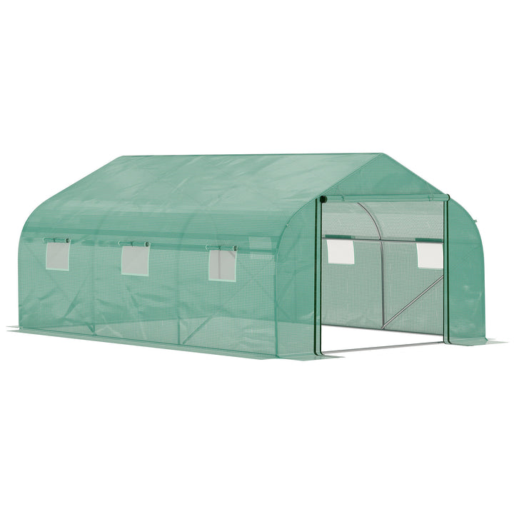 MCL Walk-in Polytunnel Garden Greenhouse, Outdoor Mesh Door Greenhouse with PE Cover and 6 Windows, 4.5 x 3 x 2m, Green