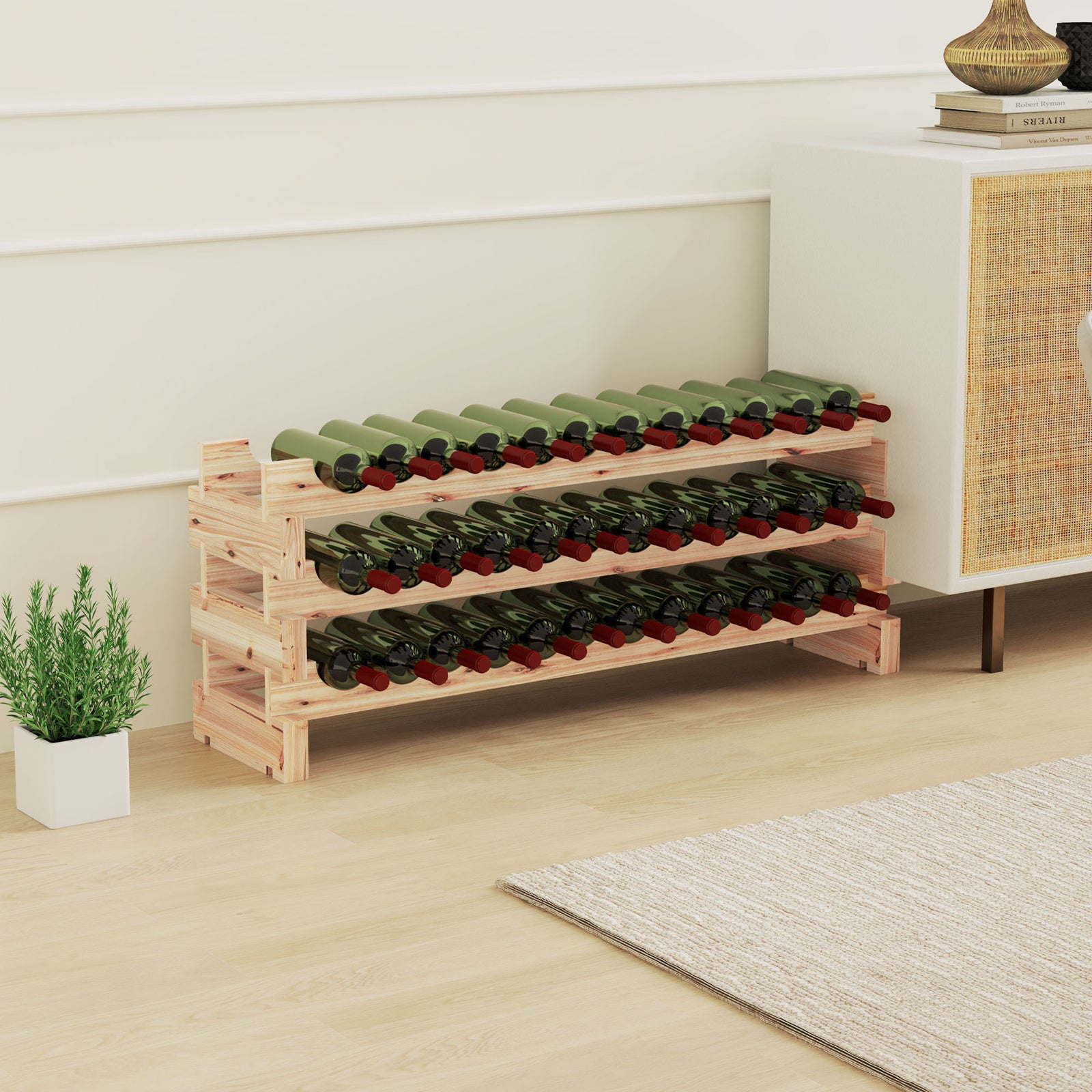 Three-Tier, 36 Bottle Wooden Wine Rack - Natural