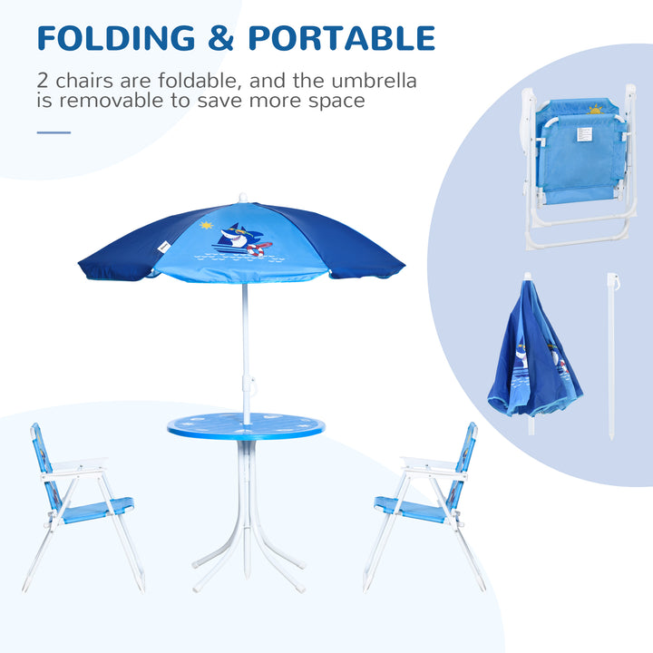 Outsunny Kids Picnic & Table Chair set, Outdoor Folding Garden Furniture w/ Shark Design, Removable, Adjustable Sun Umbrella, Ages 3