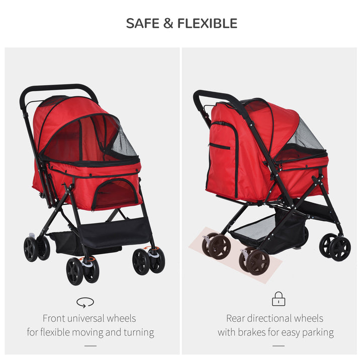 Pet Stroller Pushchair Foldable Travel Dog Cat Carriage w/ Reversible Handle Brake Basket