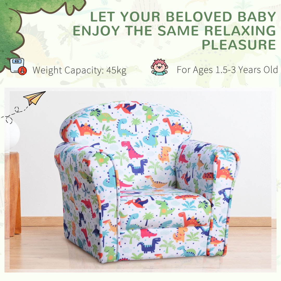 HOMCOM Children Armchair Kids Sofa Tub Chair Seat Cartoon Dinosaur Pattern Bedroom Flannel Wooden Frame Non-slip Playroom Seater | Aosom UK