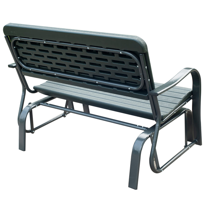 2 Seats Garden Glider Bench, Metal Frame and HDPE Swing Loveseat, Porch Rocking Glider for 2 Person with High Back and Armrest, Dark Green