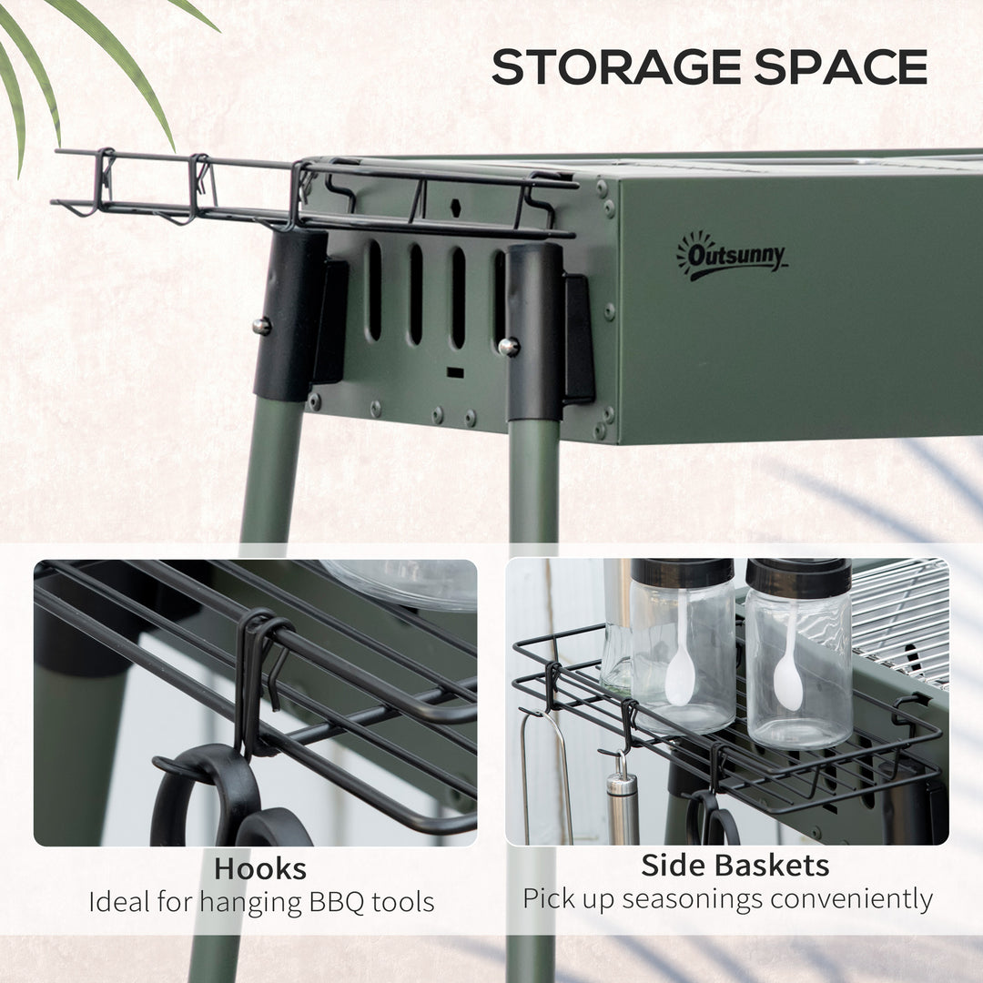 Portable Charcoal Barbecue BBQ Grill with Seasoning Baskets and Hooks, Compact Stainless Steel Cooker for Camping Picnic Hiking Garden Party Festival