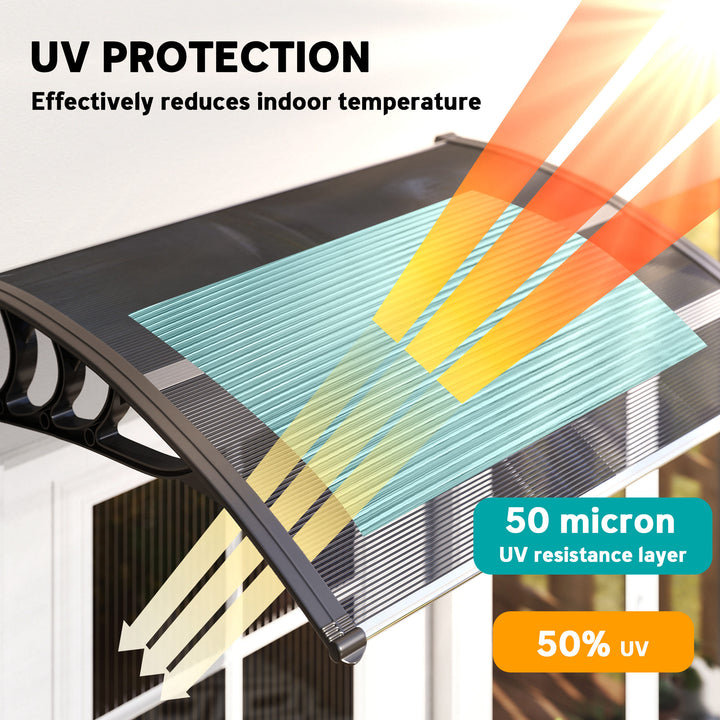 Front Door Canopy Outdoor Awning Aluminium Rigid Plastic Polycarbonate Rain Shelter UV Water Rain Resistant 100 x 75cm Black