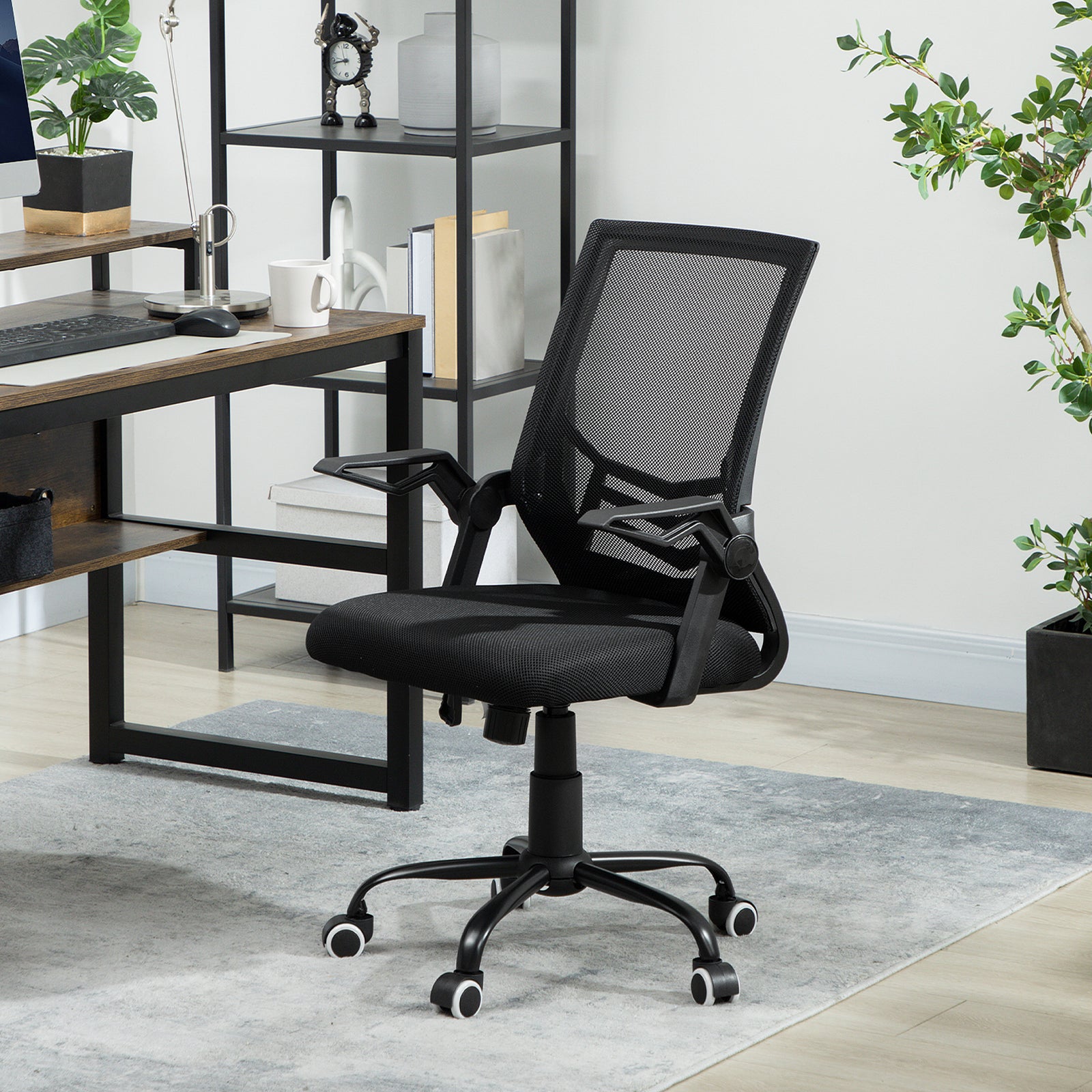 Mesh Office Chair, Computer Desk Chair with Flip-up Armrests, Lumbar Back Support and Swivel Wheels, Black