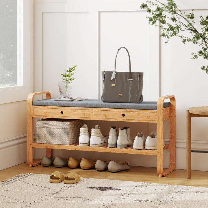 Shoe Bench with 2 Drawers Cushioned Seat Shoe Storage Bench for Hallwa