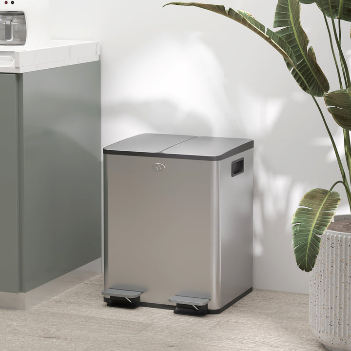 HOMCOM 2 x 20L Pedal Bin, Steel Dual Kitchen Bin with Soft Close Lid, Removable Inner Buckets, Fingerprint-Proof, Silver