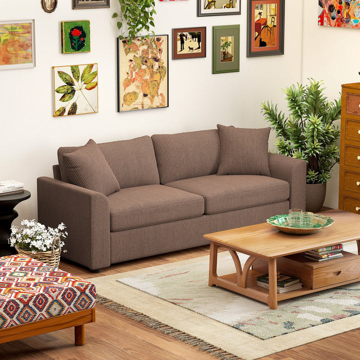 Modern 3 Seater Sofa with Spring Cushion, 212 cm Fabric Jumbo Cord Sofa Couch with 2 Scatter Cushions, Upholstered Corduroy Settee for Living Room, Bedroom, Home Office