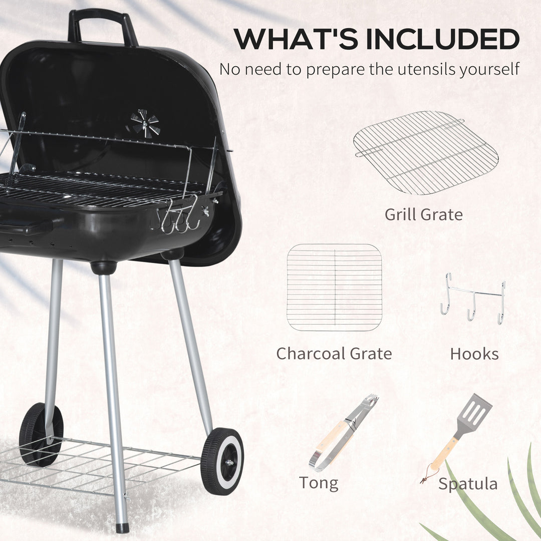 Portable BBQ Charcoal Grill with 2 Wheels and Cooking Utensils, Smoker Grill with Lid for Outdoor Barbecues, Camping, Picnic, Courtyard