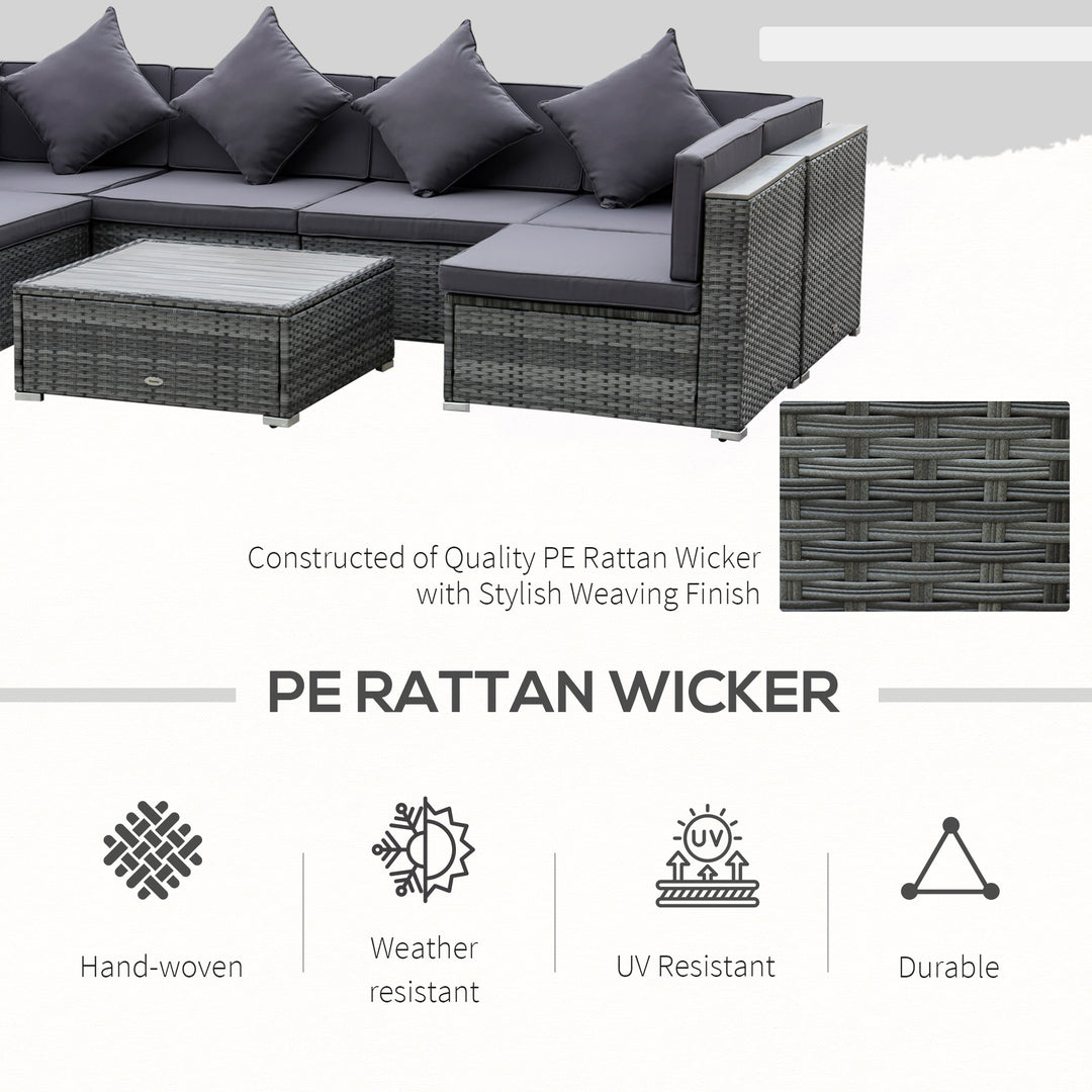 Outsunny 7 Pieces Patio Wicker Sofa Set, Outdoor PE Rattan Sectional Furniture Set w/ Acacia Table Top & Cushion for Garden, Backyard, Grey