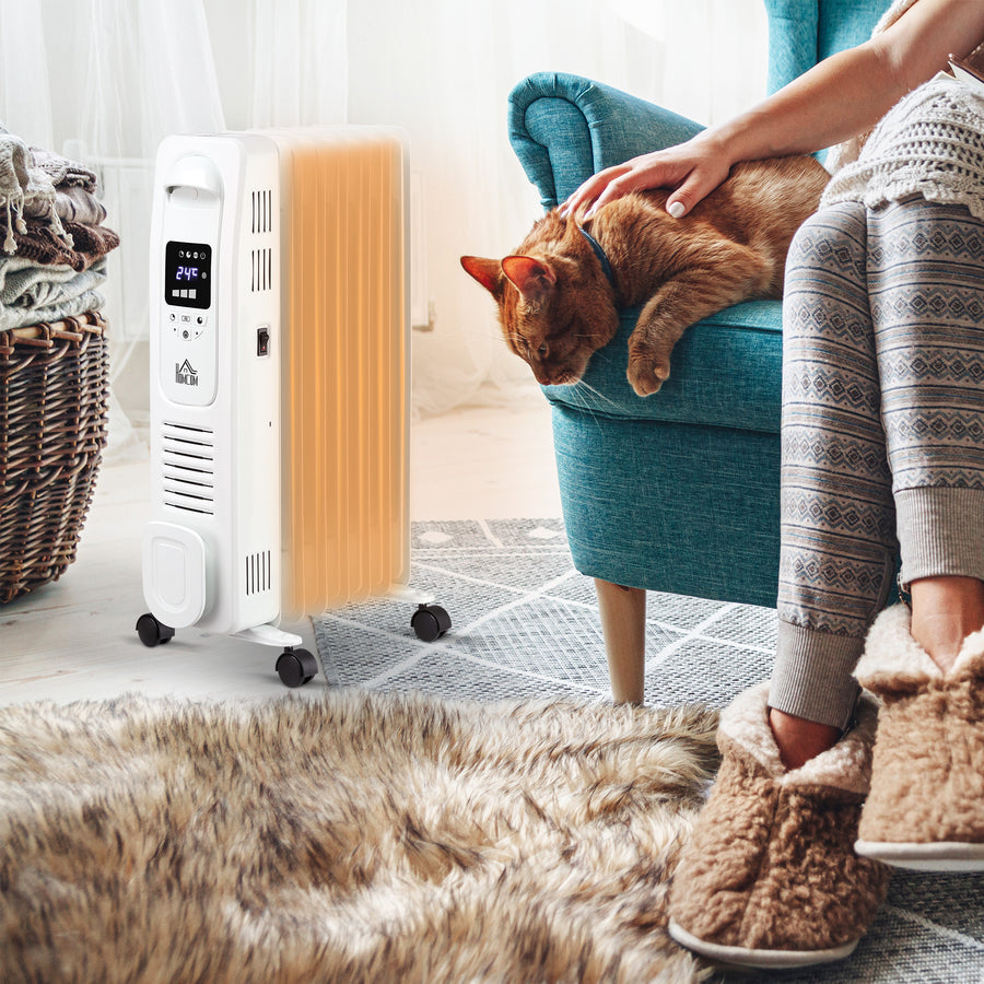 1500W Digital Oil Filled Radiator, 7 Fin, Portable Electric Heater with LED Display, Built-in Timer, 3 Heat Settings, Safety Cut-Off and Remote Control, White