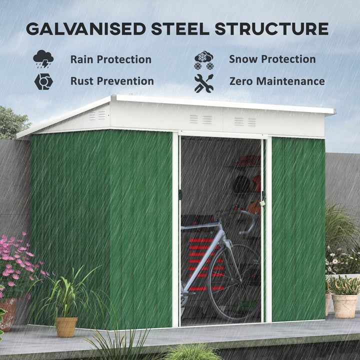 7.6 x 4.3ft Garden Storage Shed with Lockable Sliding Doors and Ventilation, Metal Garden Tool Storage House, Green