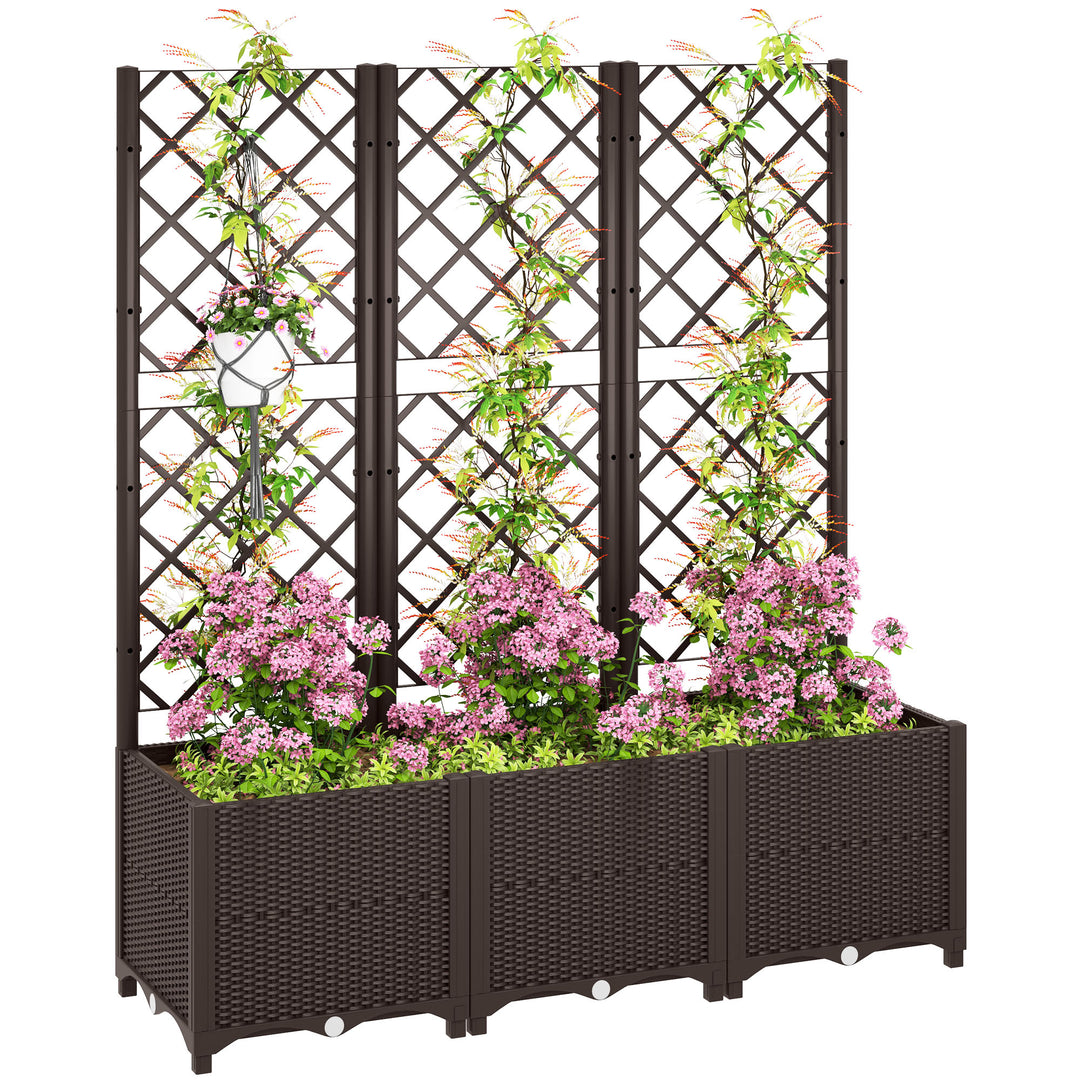 Raised Garden Bed with Trellis, Plastic Planter Box with Drainage Holes, Drain Plugs and Water Reservoirs for Climbing Plants, Vegetables, Flowers, Brown