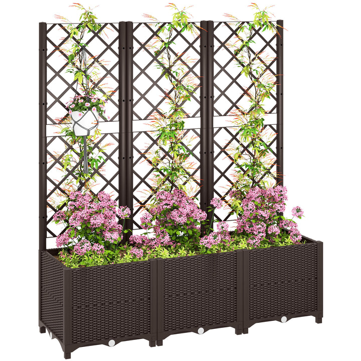 Raised Garden Bed with Trellis, Plastic Planter Box with Drainage Holes, Drain Plugs and Water Reservoirs for Climbing Plants, Vegetables, Flowers, Brown
