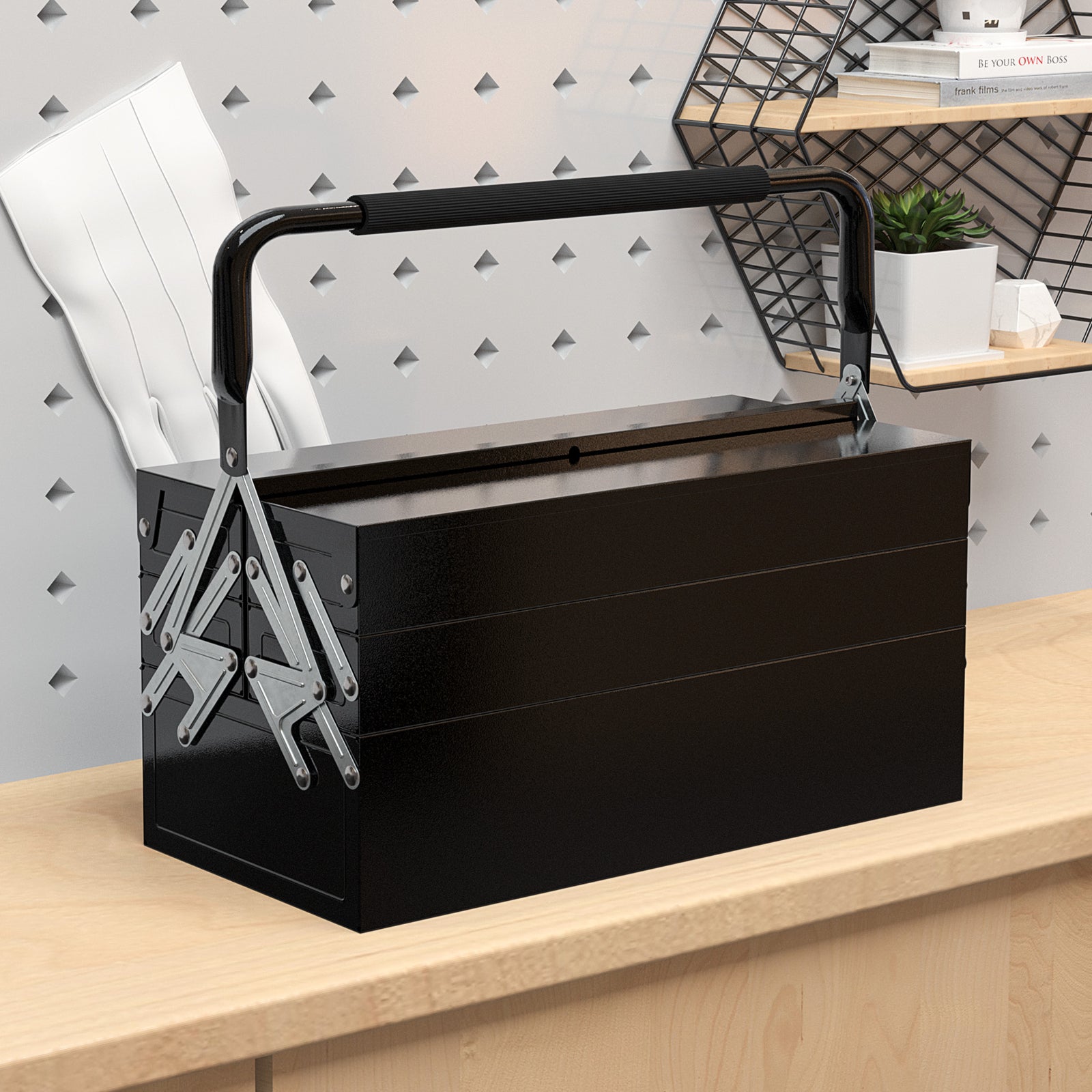 3 Tier Metal Toolbox, 5 Tray Professional Portable Tool Box with Carry Handle for Workshop, 45cmx20cmx34.5cm, Black