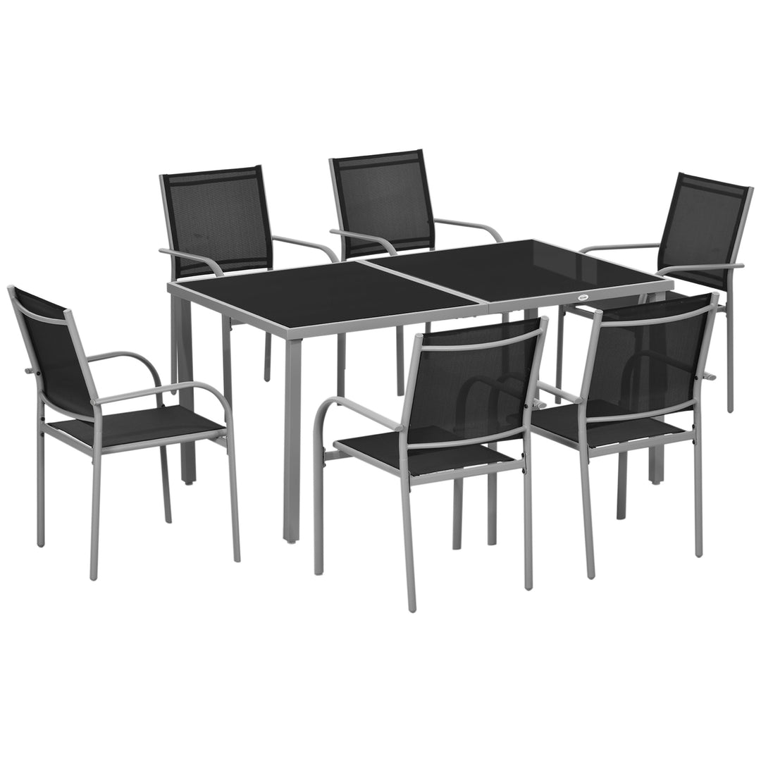 7 Piece Outdoor Garden Dining Set with Table and 6 Stackable Chairs, Steel Frame, Tempered Glass Top, Mesh Seats, Black