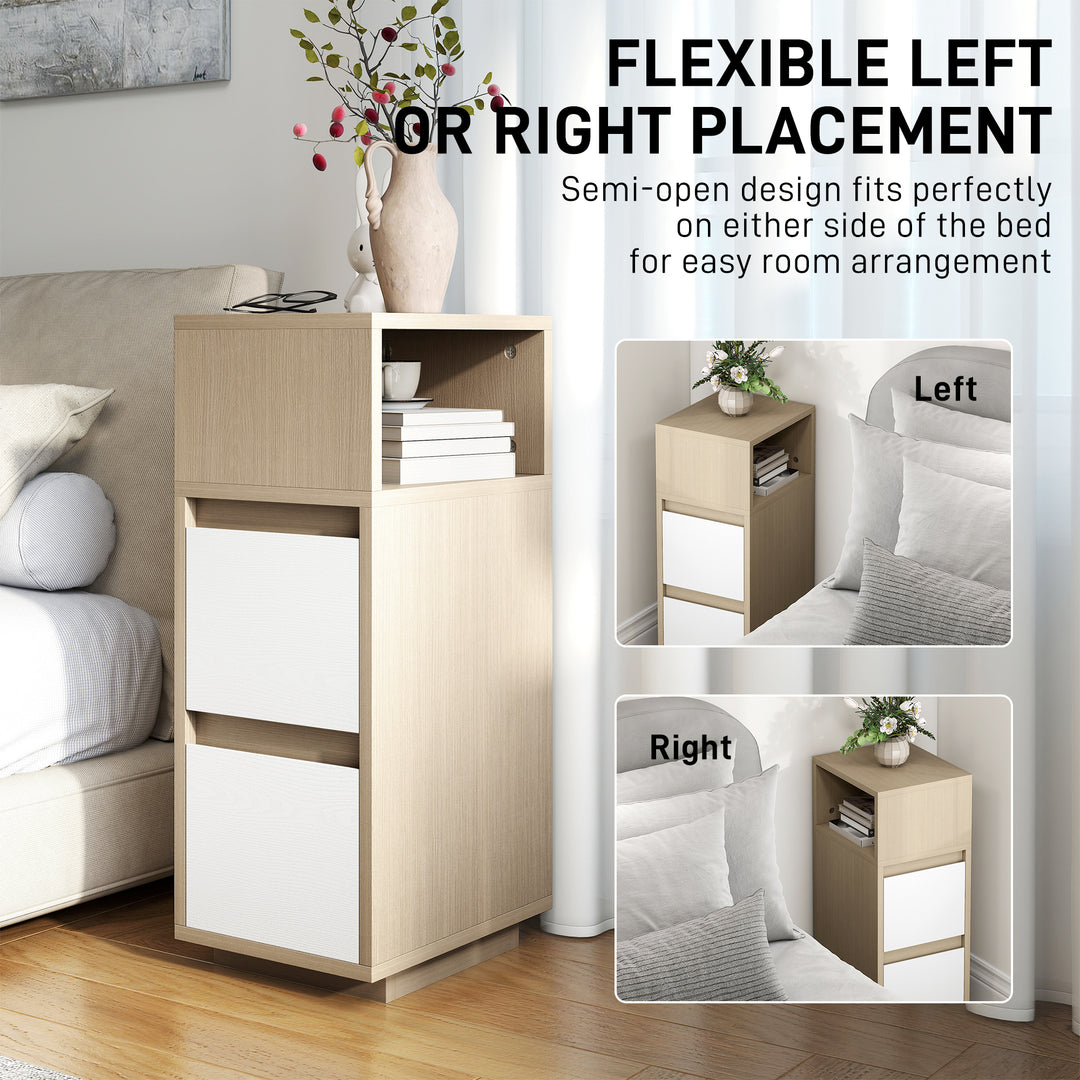 Slim Bedside Table, Narrow Bedside Cabinet with Open Shelf and 2 Drawers for Bedroom, Living Room