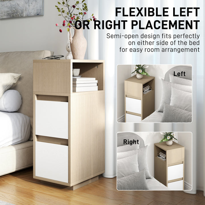 Slim Bedside Table, Narrow Bedside Cabinet with Open Shelf and 2 Drawers for Bedroom, Living Room