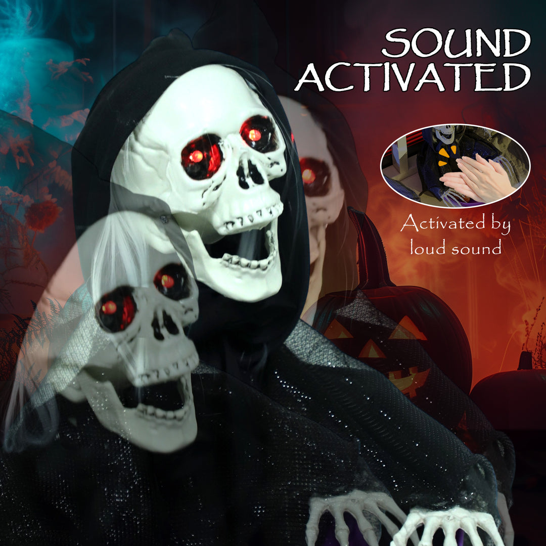 Outsunny 2pcs Animated Halloween Skull Bowl, Skeleton Ghost Skull Candy Dish with LED Eyes, Moving Body and Creepy Sound for Party Decoration, Festival Haunted Houses