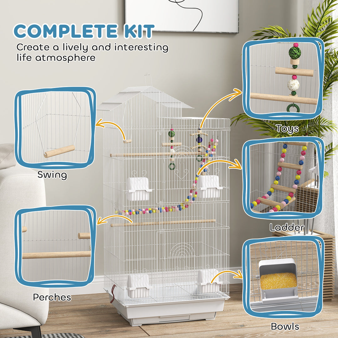 Bird Cage for Budgies, Finches, Canaries w/ Accessories, Toys, Tray, White