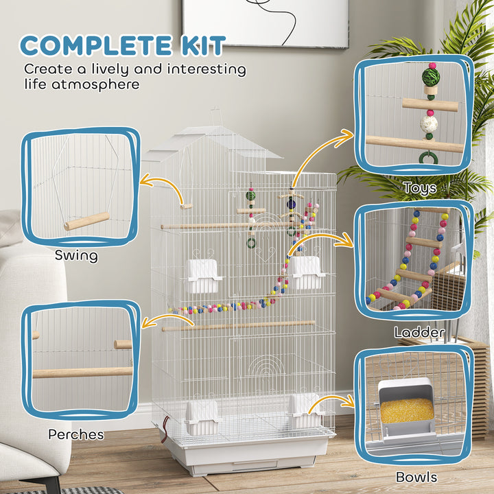 Bird Cage for Budgies, Finches, Canaries w/ Accessories, Toys, Tray, White