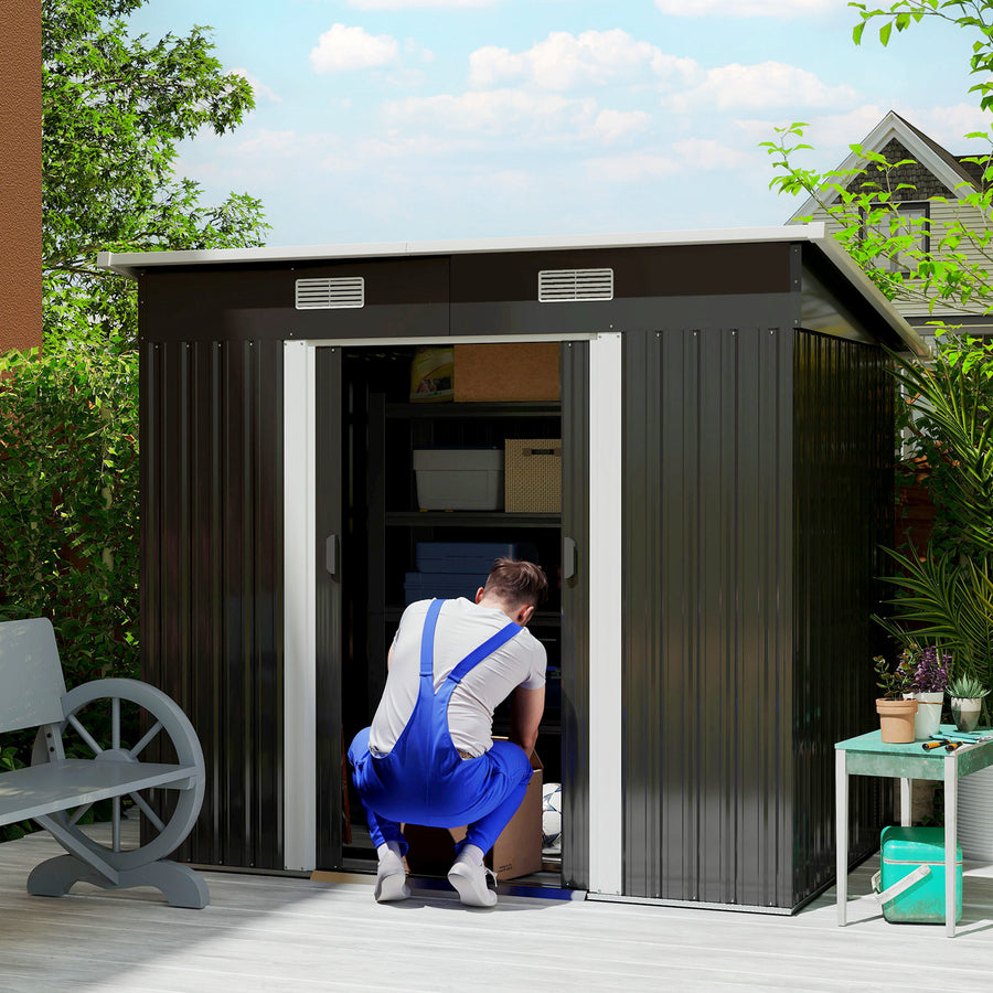 7 x 4ft Outdoor Storage Shed with Foundation Kit, Lean to Metal Garden Shed for Log, Rubbish Bin, Tool, Lawnmower, Bike, Patio and Lawn Use, Black