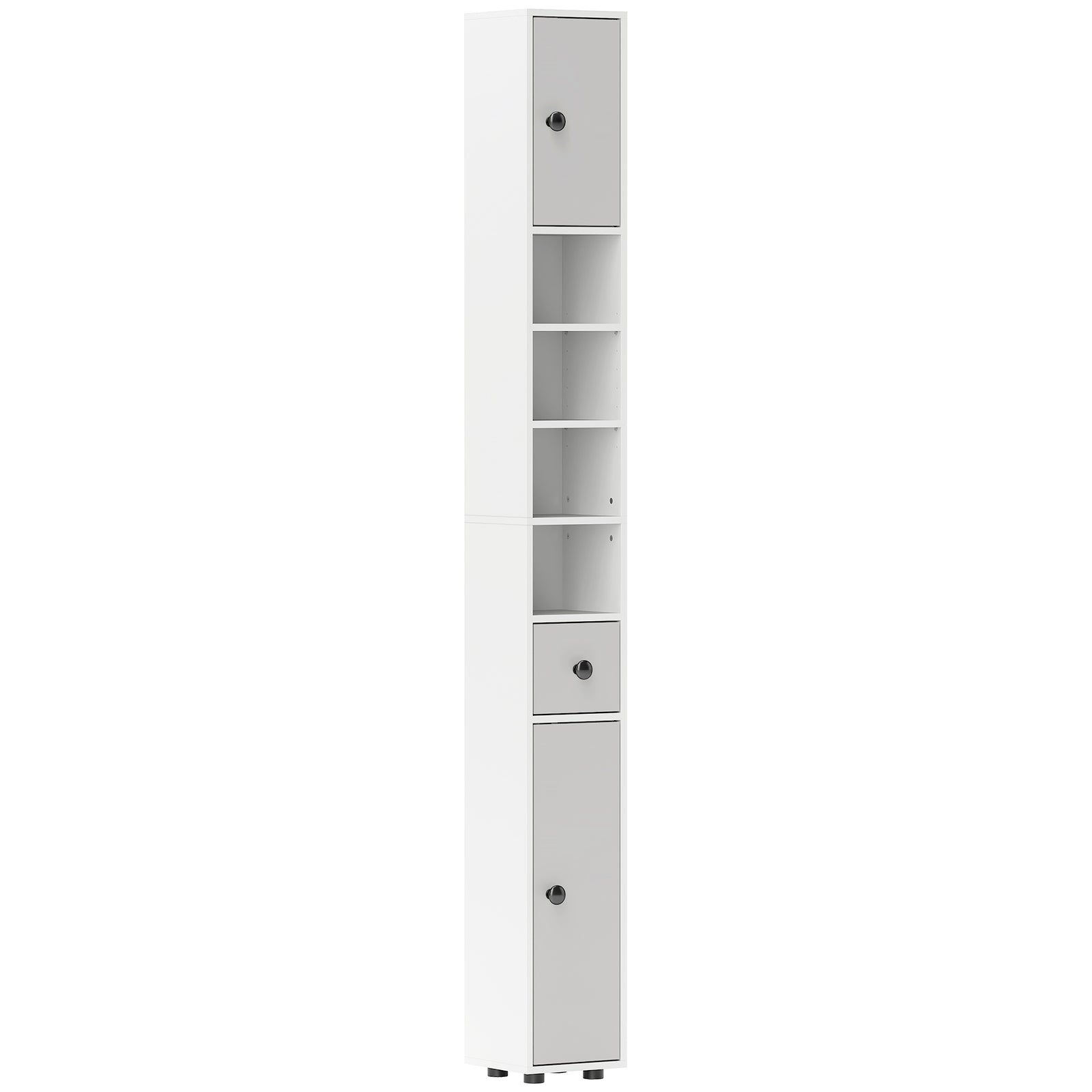 180cm Slim Bathroom Cabinet, with Drawer, Shelves and Cupboards - Light Grey