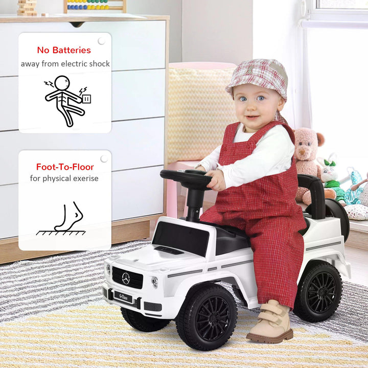 HOMCOM Mercedes-Benz G350 Baby Rider: Foot-to-Floor Slider with Push Handle, Horn & Storage, White | Aosom UK