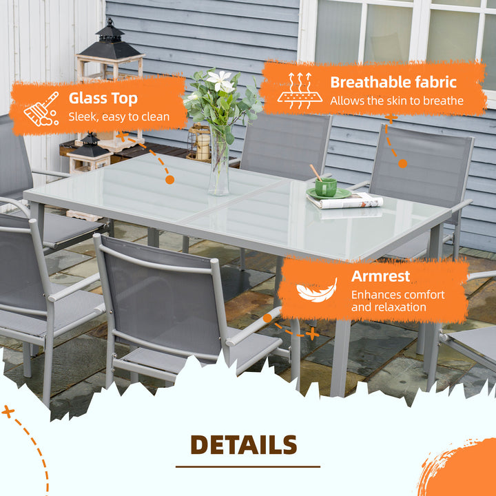 Outsunny 7 Piece Garden Dining Set, Outdoor Table and 6 Stackable Chairs, Steel Frame, Tempered Glass Top Table, Mesh Seats, Grey