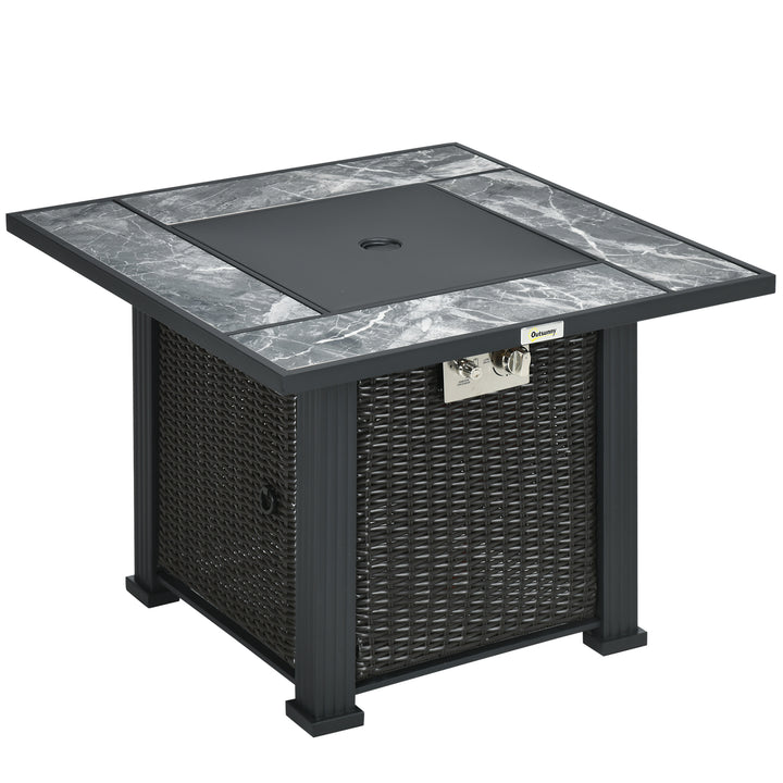 Outdoor PE Rattan Gas Fire Pit Table, Patio Square Propane Heater with Marble Desktop, Rain Cover, Glass Windscreen, and Glass Stones, 50,000 BTU, Black