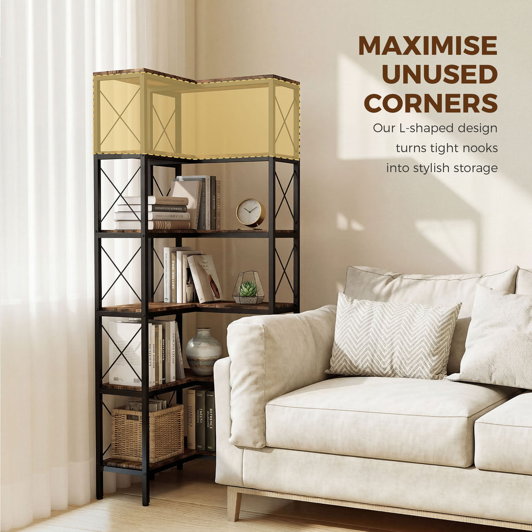 5-Tier L-Shaped Bookshelf, Freestanding Corner Bookcase with Metal Fra