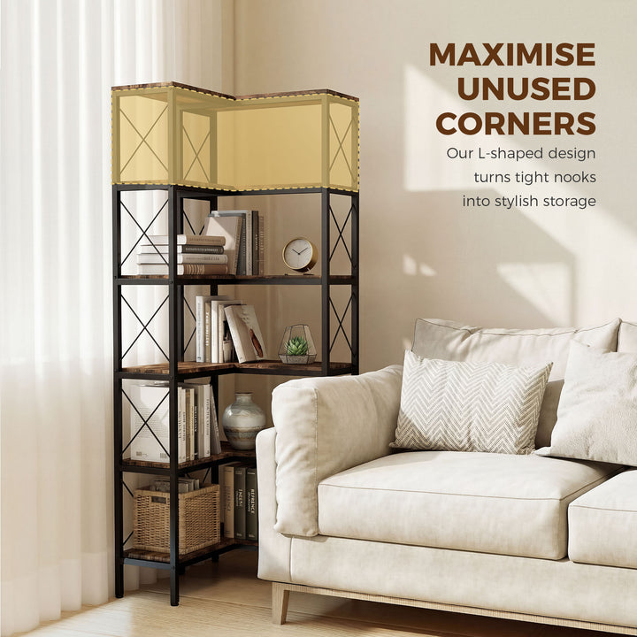 5-Tier L-Shaped Bookshelf, Freestanding Corner Bookcase with Metal Fra