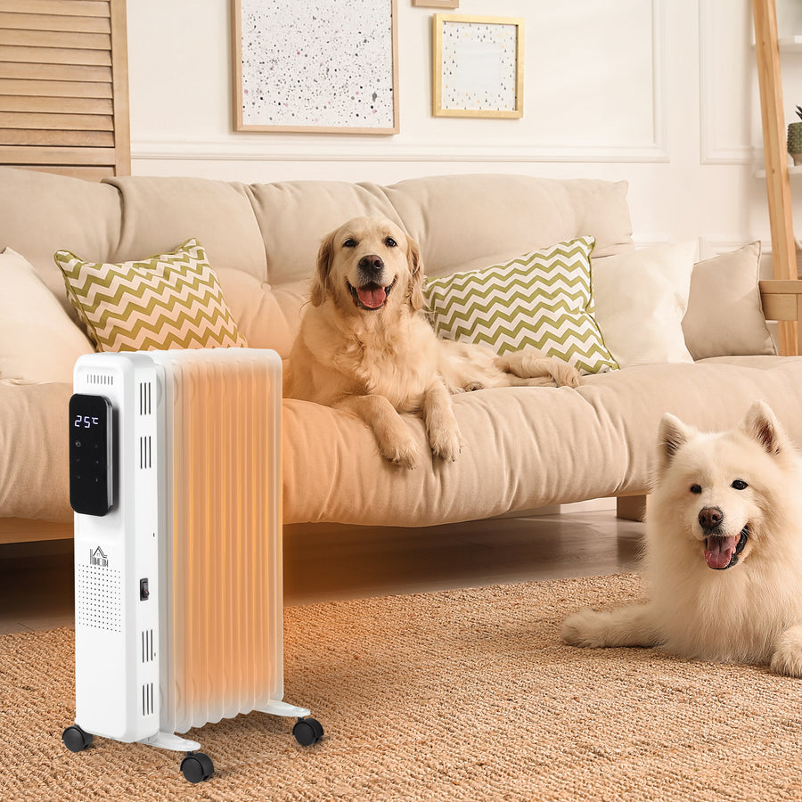 2000W Oil Filled Radiator, 9 Fin Portable Electric Heater with LED Display, 24H Timer, 3 Heat Settings, Adjustable Thermostat, Safety Cut off, Remote Control, White