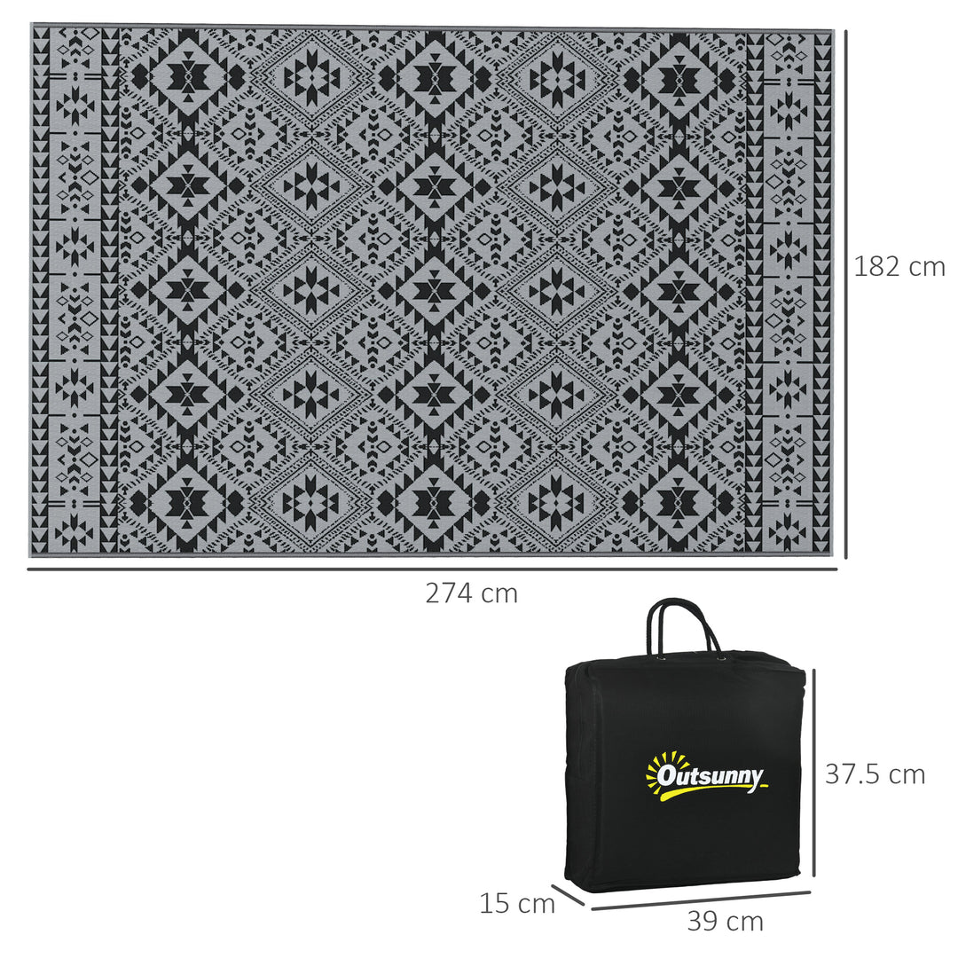 182 x 274cm Reversible Patterned Outdoor Rug, with Bag - Black/Grey