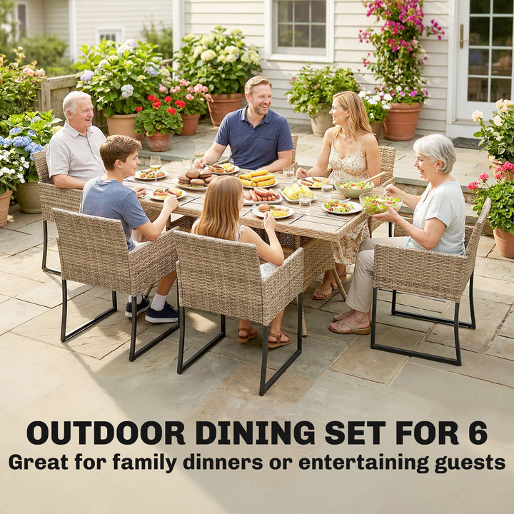 7 Piece Rattan Garden Furniture Set, Garden Dining Set with Wood-Plast