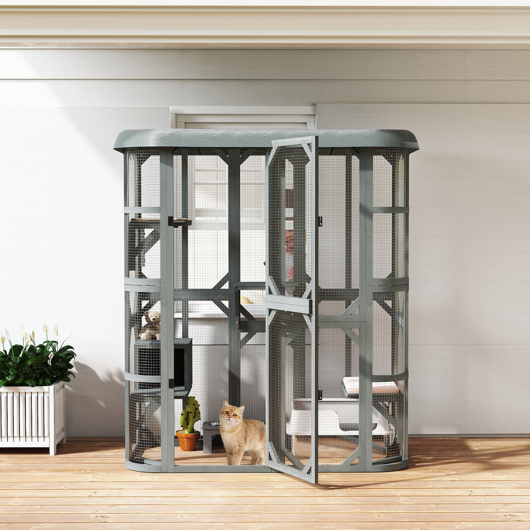 Catio Outdoor Cat Enclosure, Wooden Cat House with Platforms, Condo and Waterproof Cover for 2–3 Kittens