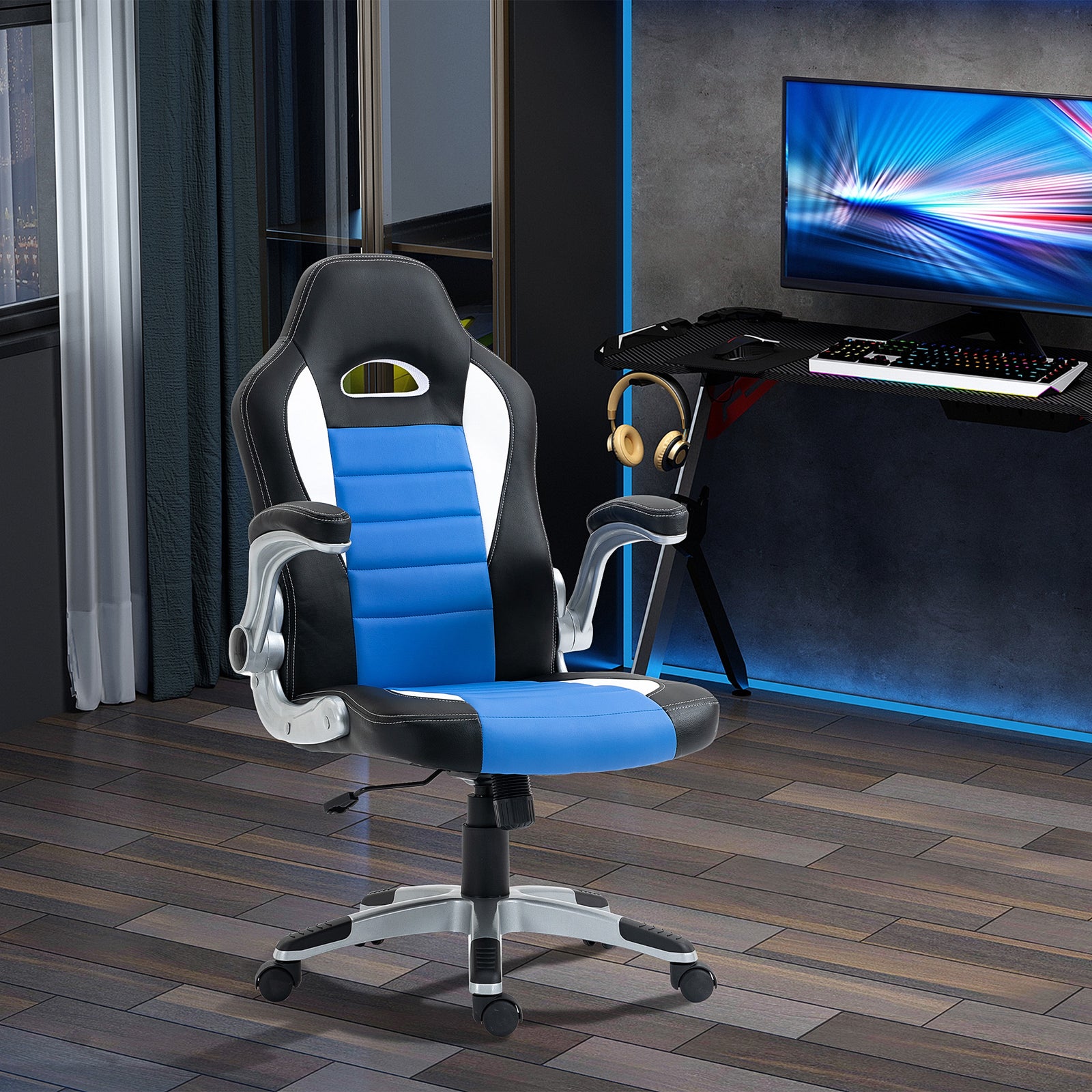 Computer Gaming Chair, Office Desk Swivel Chair, PU Leather Racing Chair with 90° Flip-up Armrest, Adjustable Height and Rolling Wheels, Blue