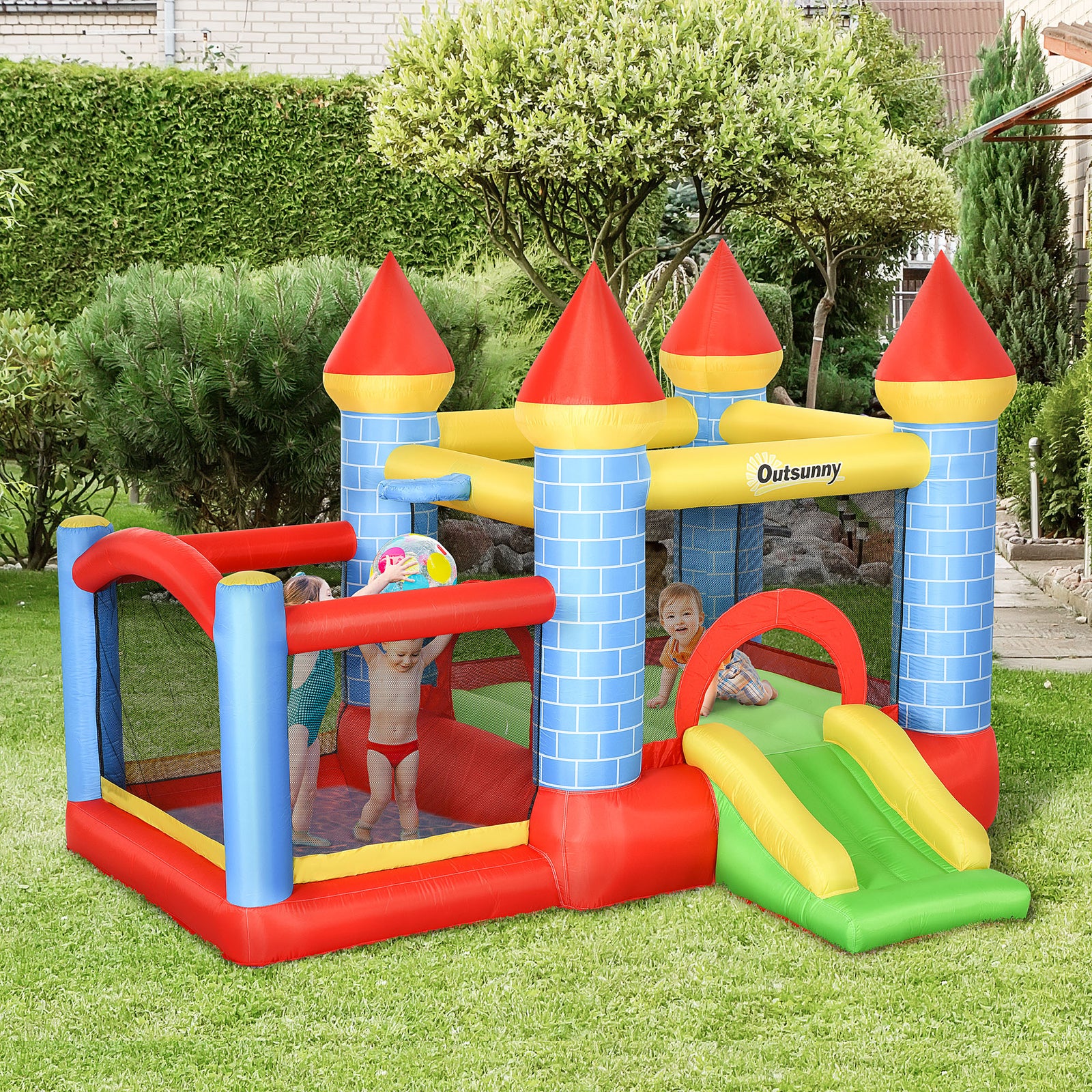 Kids Bounce Castle Inflatable Trampoline Slide Pool Basket for Kids Age 3-10, 3 x 2.75 x 2.1m