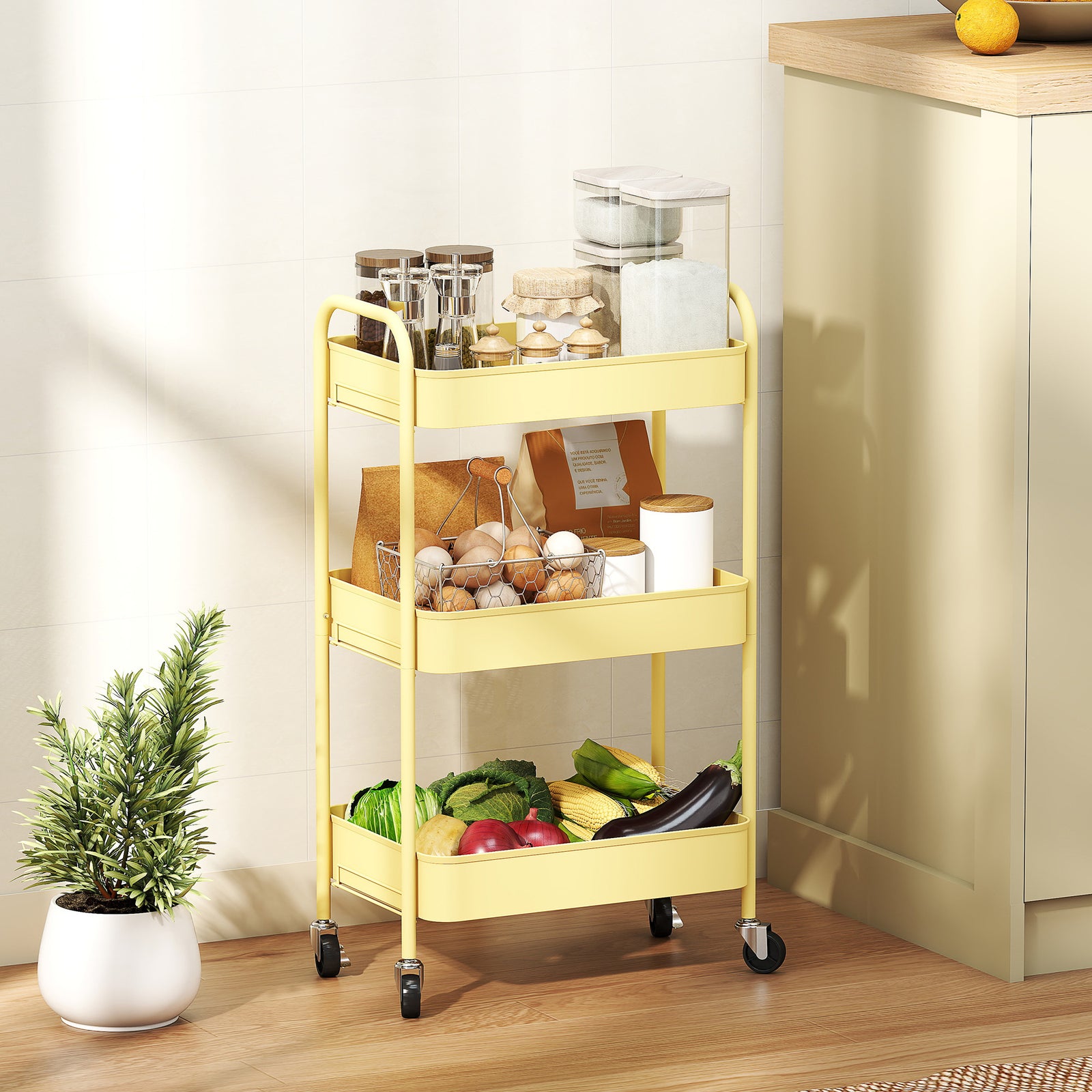 Three-Tier Steel Storage Trolley - Yellow
