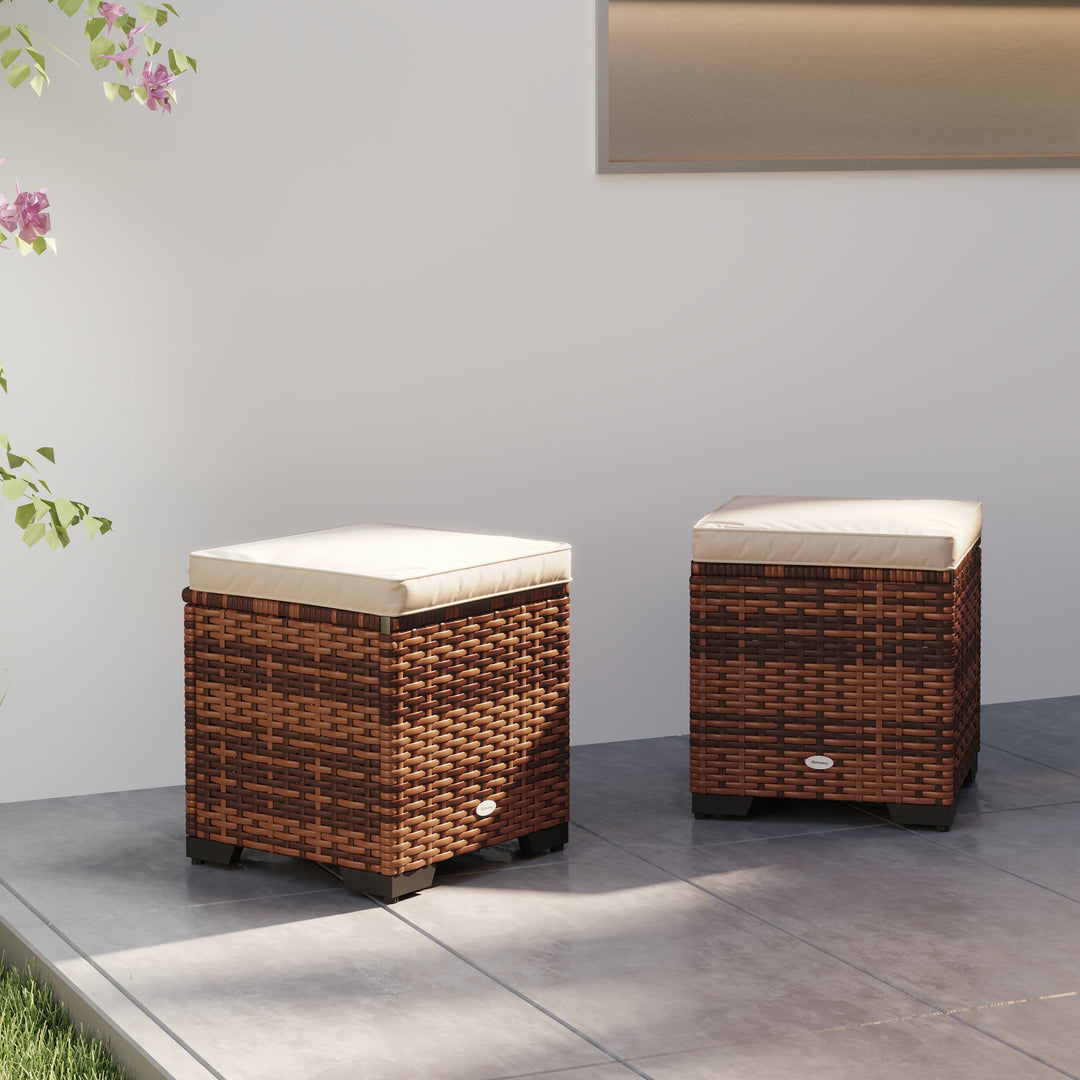 Set of 2 Rattan Storage Ottoman, Outdoor Footstool with Removable Cushions, Garden Storage Seat for Balcony, Porch, Living Room, Beige