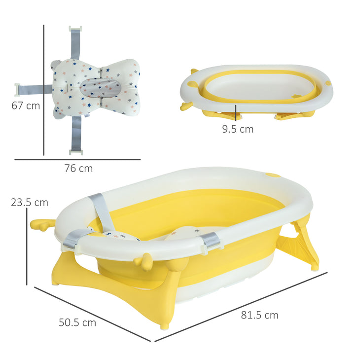 Foldable Baby Bathtub Set, Collapsible Bath Tub with Thermostatic Water Plug, Non-Slip Support, Cushion Pad, Drain Plugs, for Newborn to 3 Years - Yellow