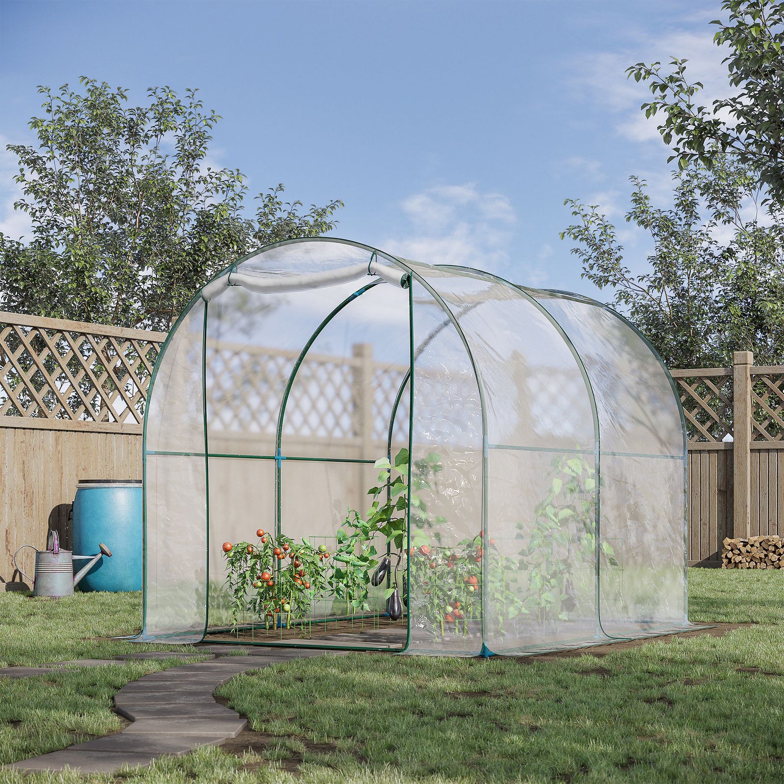 Walk-in Polytunnel Greenhouse with Roll-up Door Transparent Tunnel Greenhouse with Steel Frame and PVC Cover, 2.5 x 2m