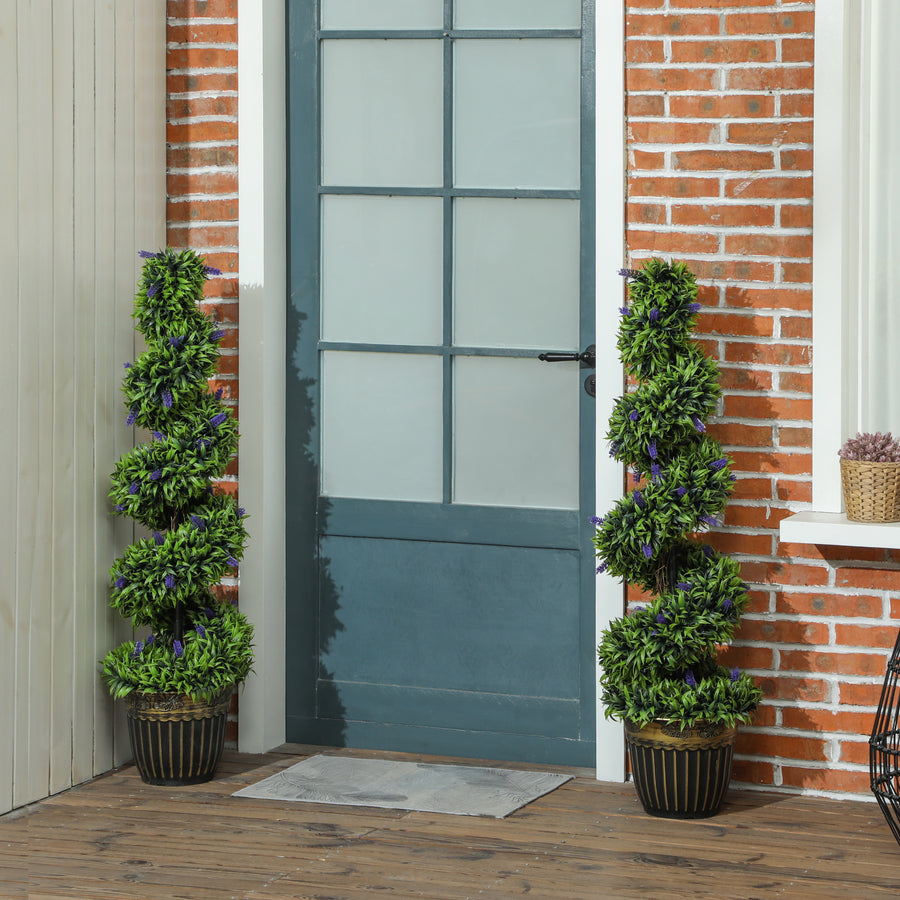 Set of 2 Decorative Artificial Plants, Boxwood Spiral Topiary Tree with Lavender and Pot, Fake Plants for Home Indoor Outdoor Decor, 115cm