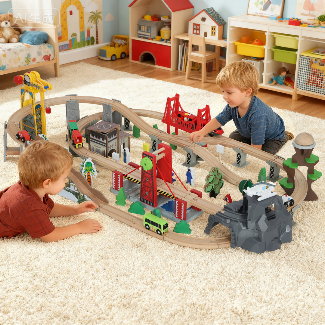 MCL 100 Piece Wooden Train Set for Kids 3+ Years with Track, Crane, Battery Operated Train