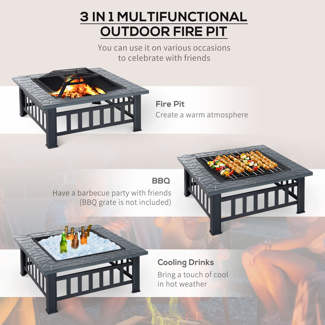 Metal Large Firepit Outdoor Square Fire Pit Brazier w/ Rain Cover, Lid, Log Grate, Poker for Backyard, Camping, BBQ, Bonfire, Wood Burning Stove, 86 x 86 x 54cm, Black