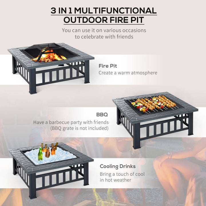 Metal Large Firepit Outdoor Square Fire Pit Brazier w/ Rain Cover, Lid, Log Grate, Poker for Backyard, Camping, BBQ, Bonfire, Wood Burning Stove, 86 x 86 x 54cm, Black