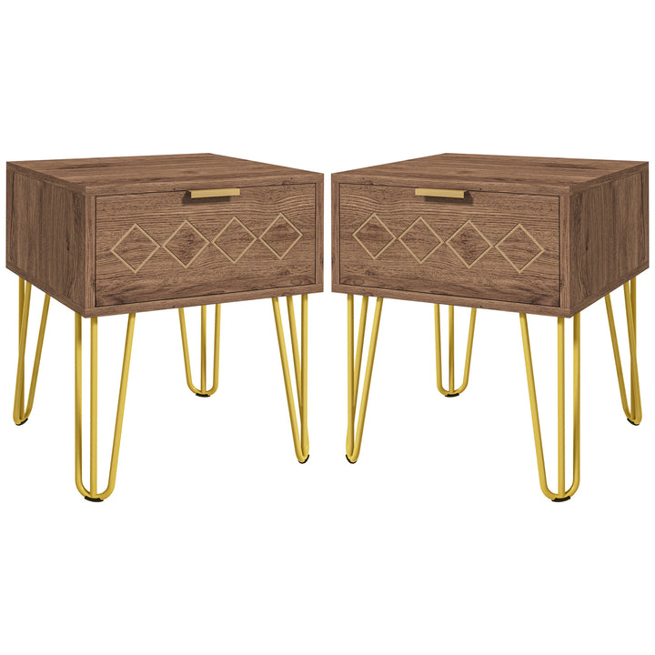 HOMCOM Bedside Table Set of 2 with Drawer, Wooden Nightstand, Modern Sofa Side Table with Gold Tone Metal Legs for Bedroom