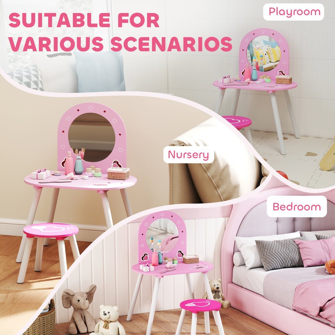 Kids Dressing Table with Mirror and Stool, Girls Vanity Set for Kids Room, Bedroom, Nursery, for Ages 3–6 Years