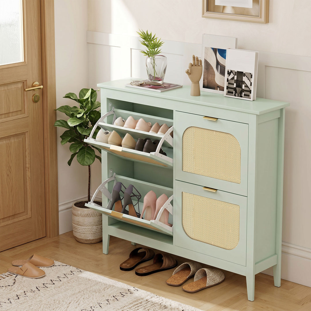 Narrow Shoe Cabinet, Boho Slim Shoe Storage Cabinet with 4 Flip Drawer